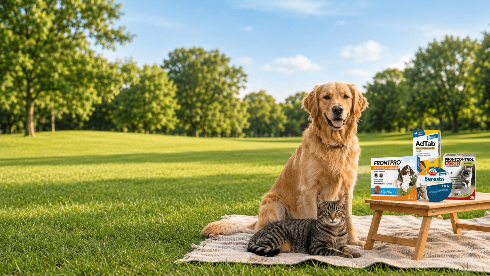 Un chien et un chat détendus dans un parc, à côté de leurs antiparasitaires
